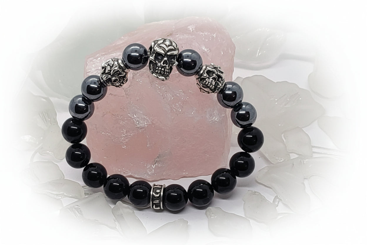 Skull and Double Skull Silver Beads with Hematite and Black Onyx Stone Beads Bracelet