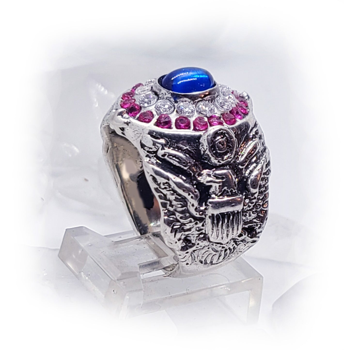 American Oval Shape Sterling Silver Ring with Flag Colors Stones
