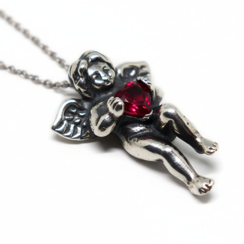 Angel with Heart Stone Sterling Silver Pendant