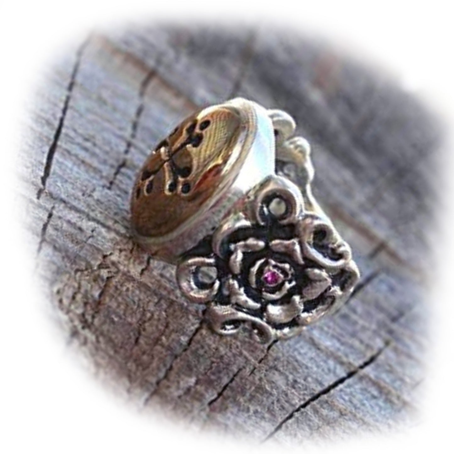 April Showers Silver and Bronze Gothic Cross with Ruby Stone Faith Ring
