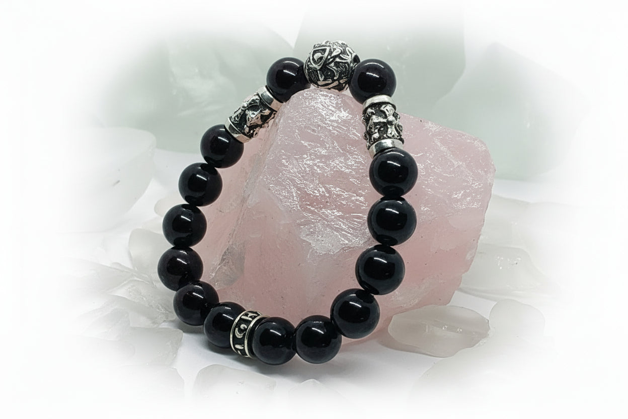 Armenian Coat of Arms and Two Crosses Silver Beads and Garnet Stone Beads Bracelet