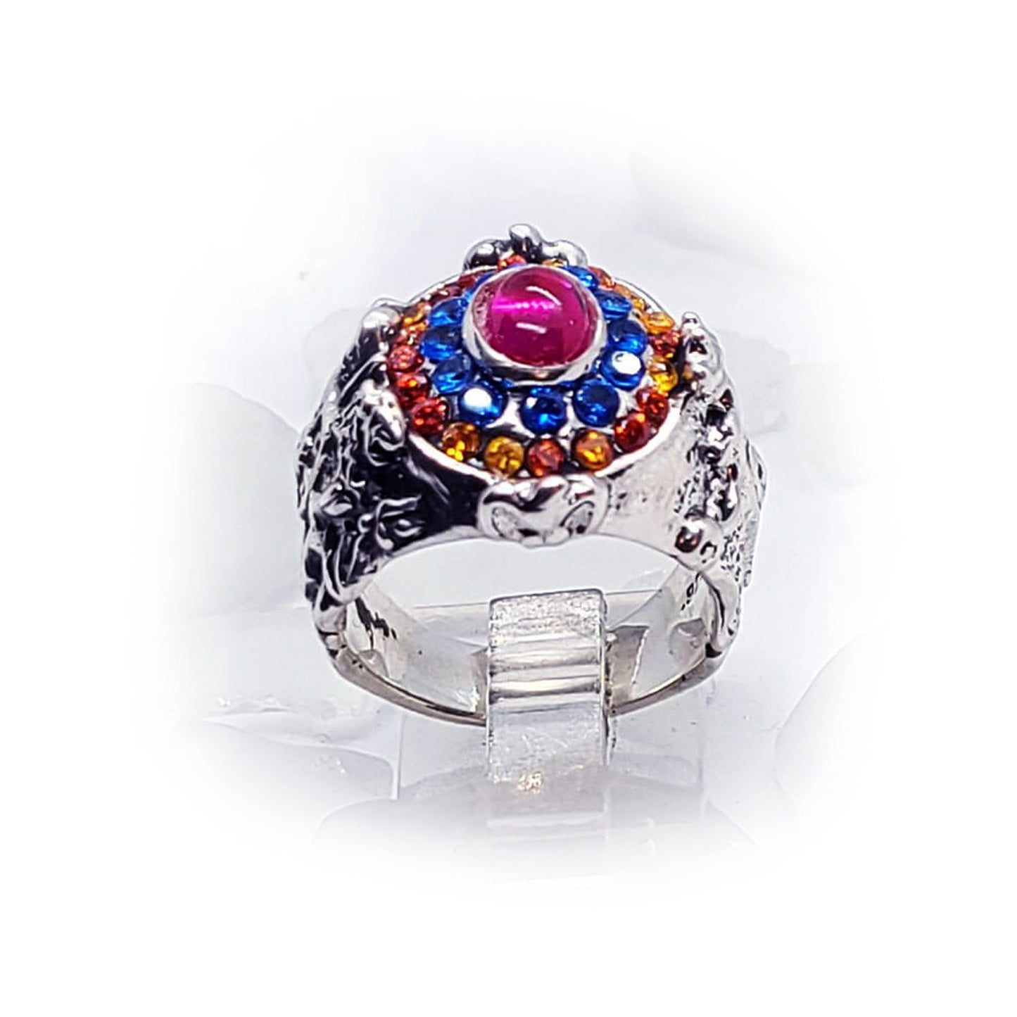 Armenian Oval Shape Sterling Silver Ring with Flag Colors Stones