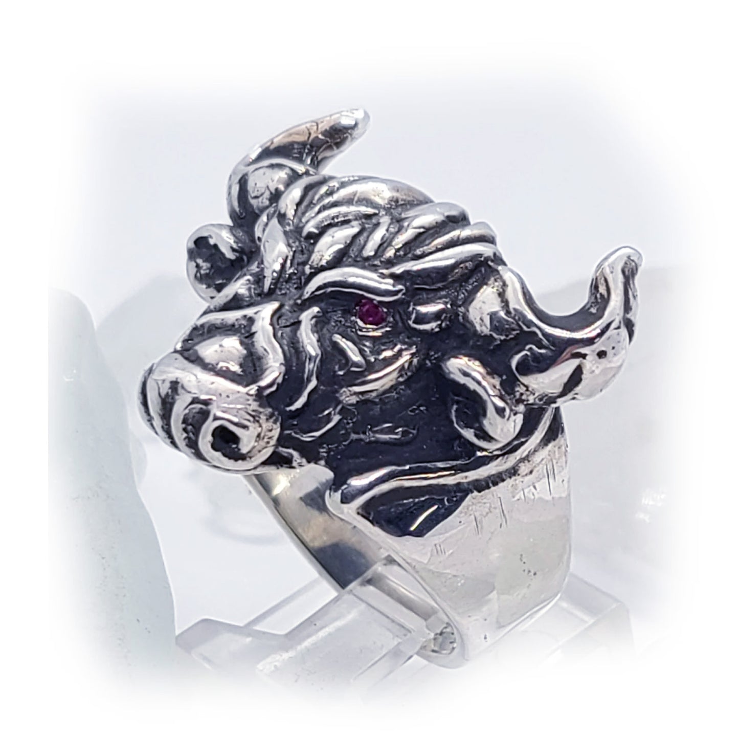 Tribal Raging Bull with Ruby Stones Sterling Silver Ring