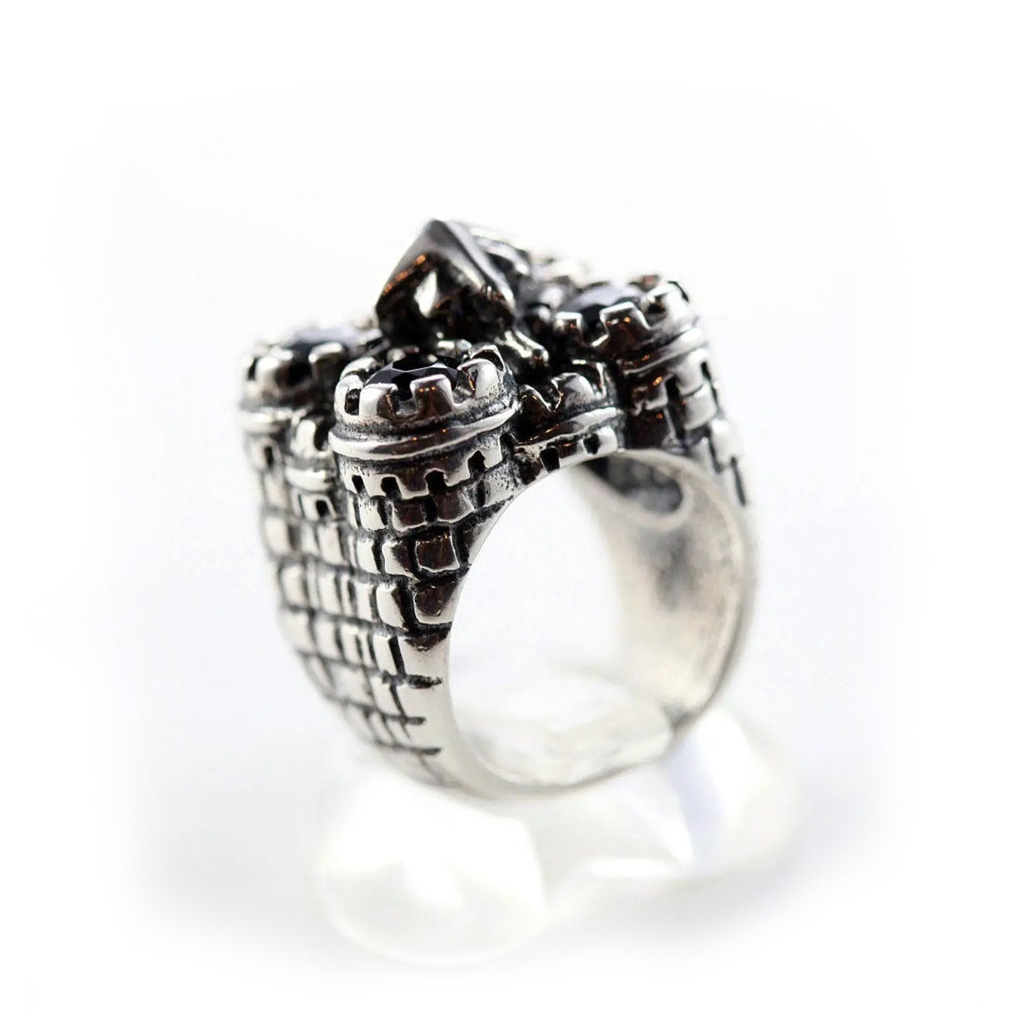 Castle Sterling Silver Ring with Black Onyx Stones