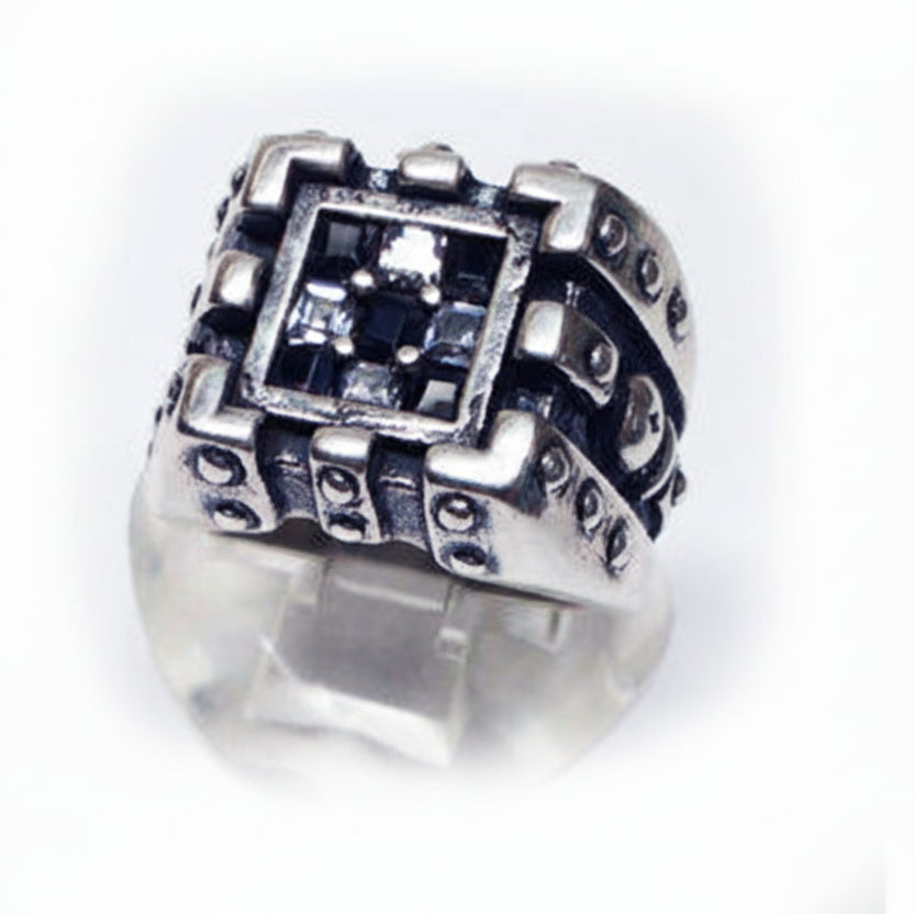 Chess Sterling Silver Ring with black and white Stones