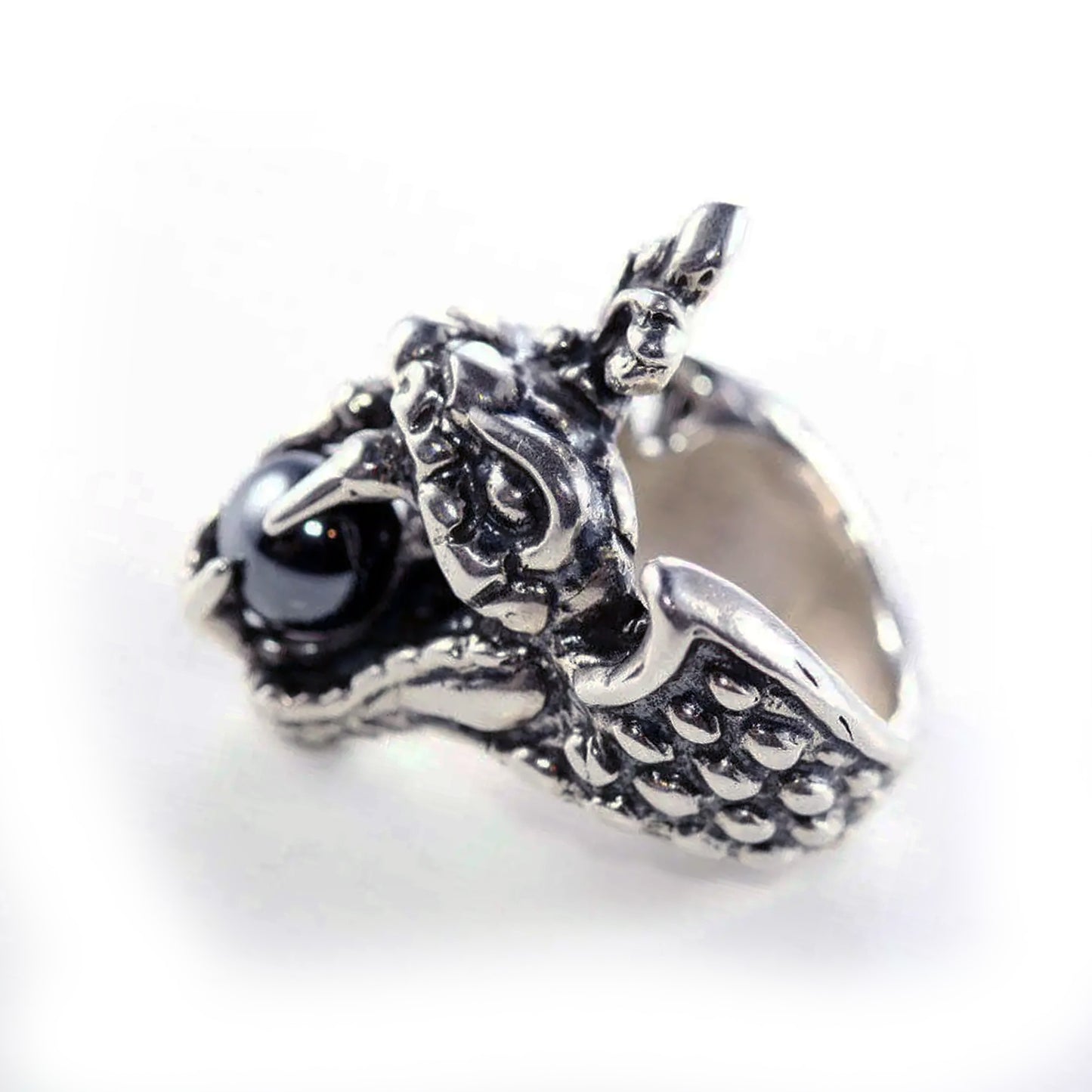 Cobra Biting Onyx Ball Sterling Silver Ring