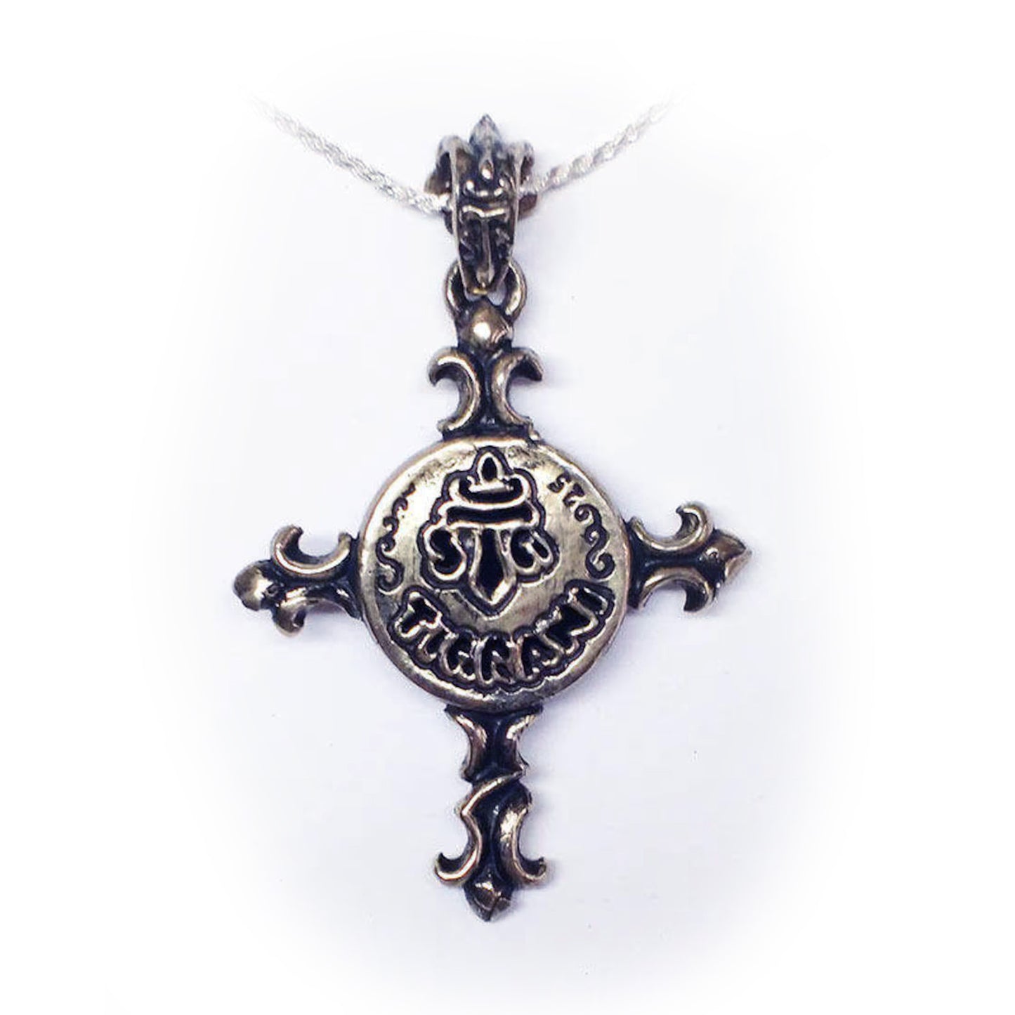 Silver Cross With Flat Round Onyx Stone Pendant