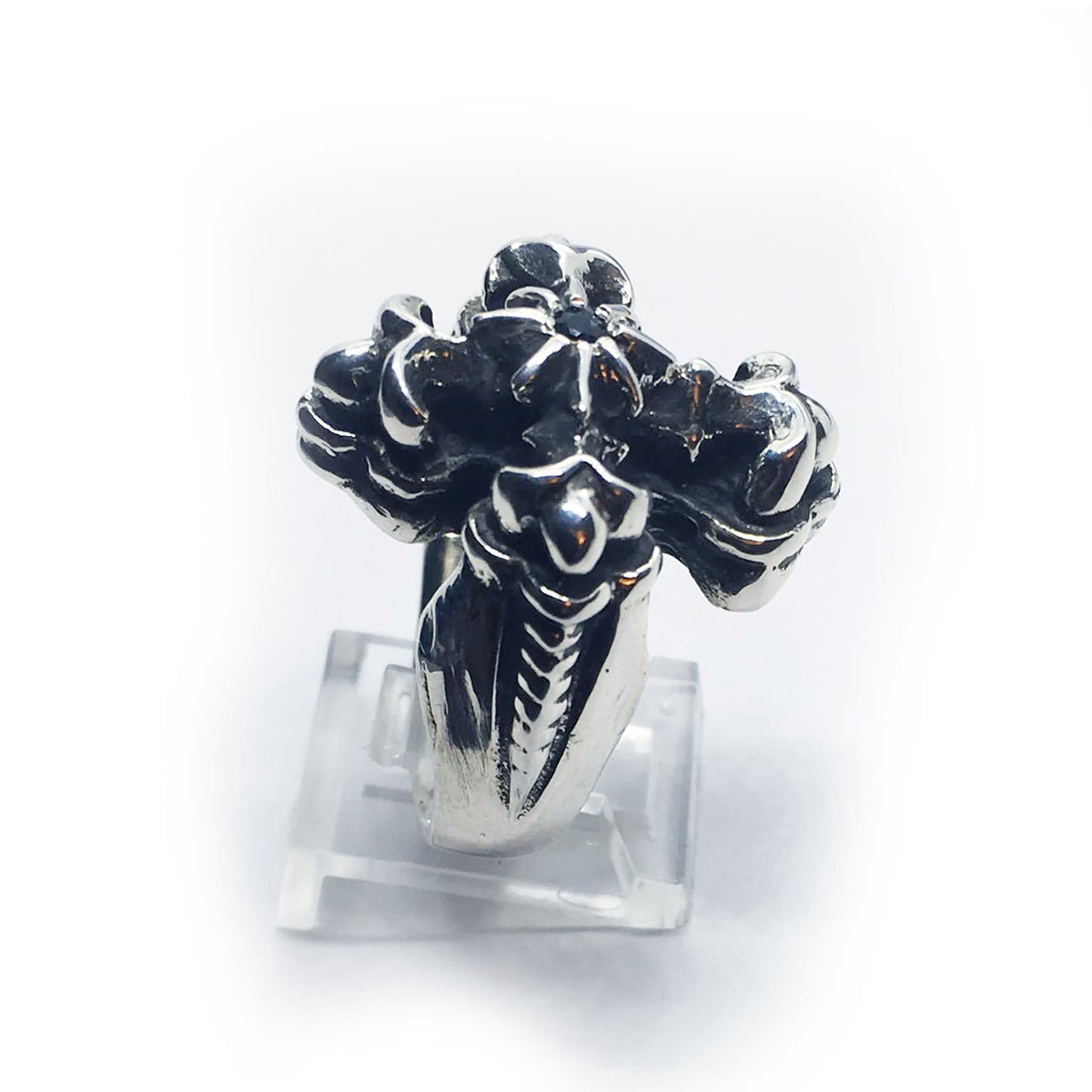 Cross with Eight Star and Onyx Silver Ring