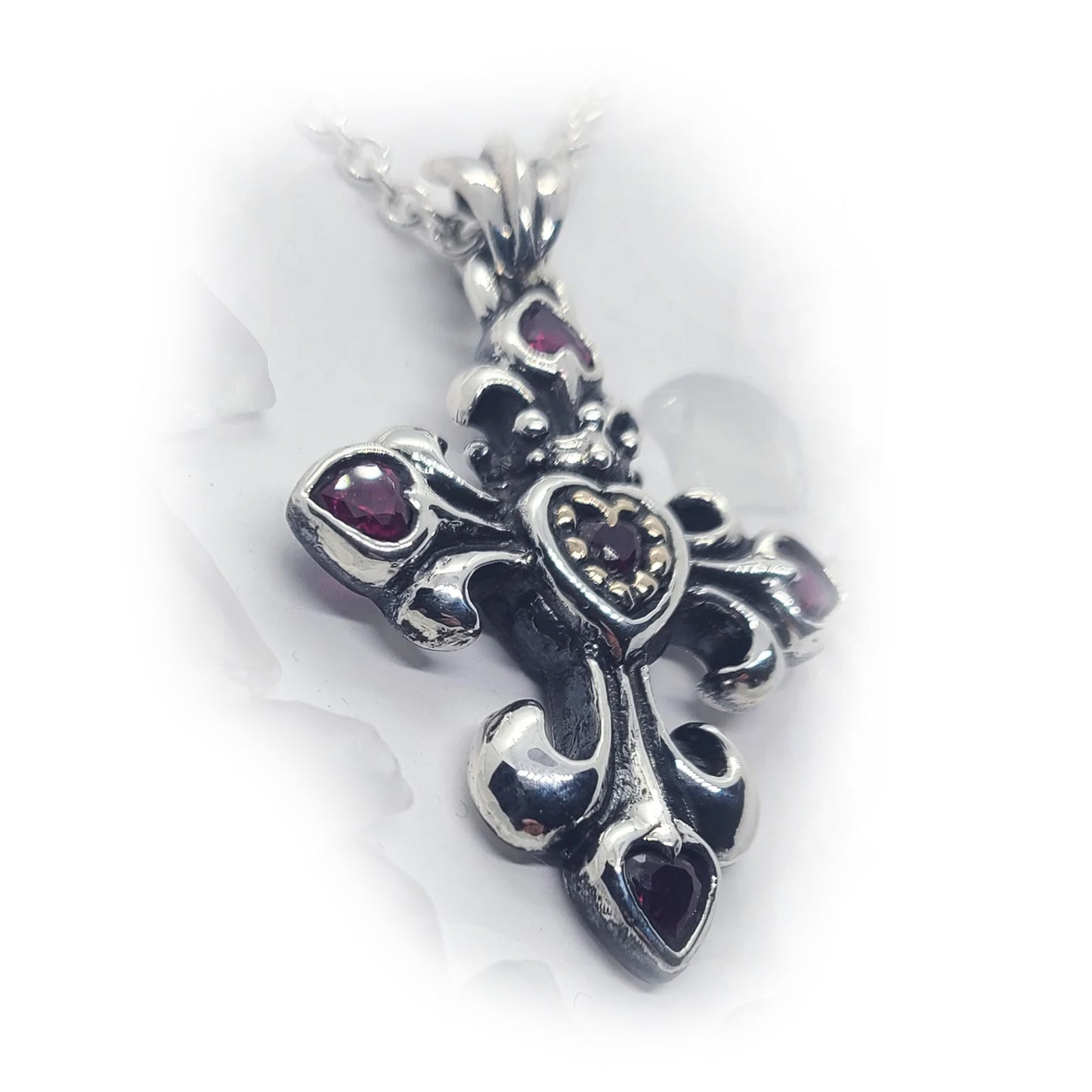 Cross with Five Heart Shapes Red Stones Silver Pendant
