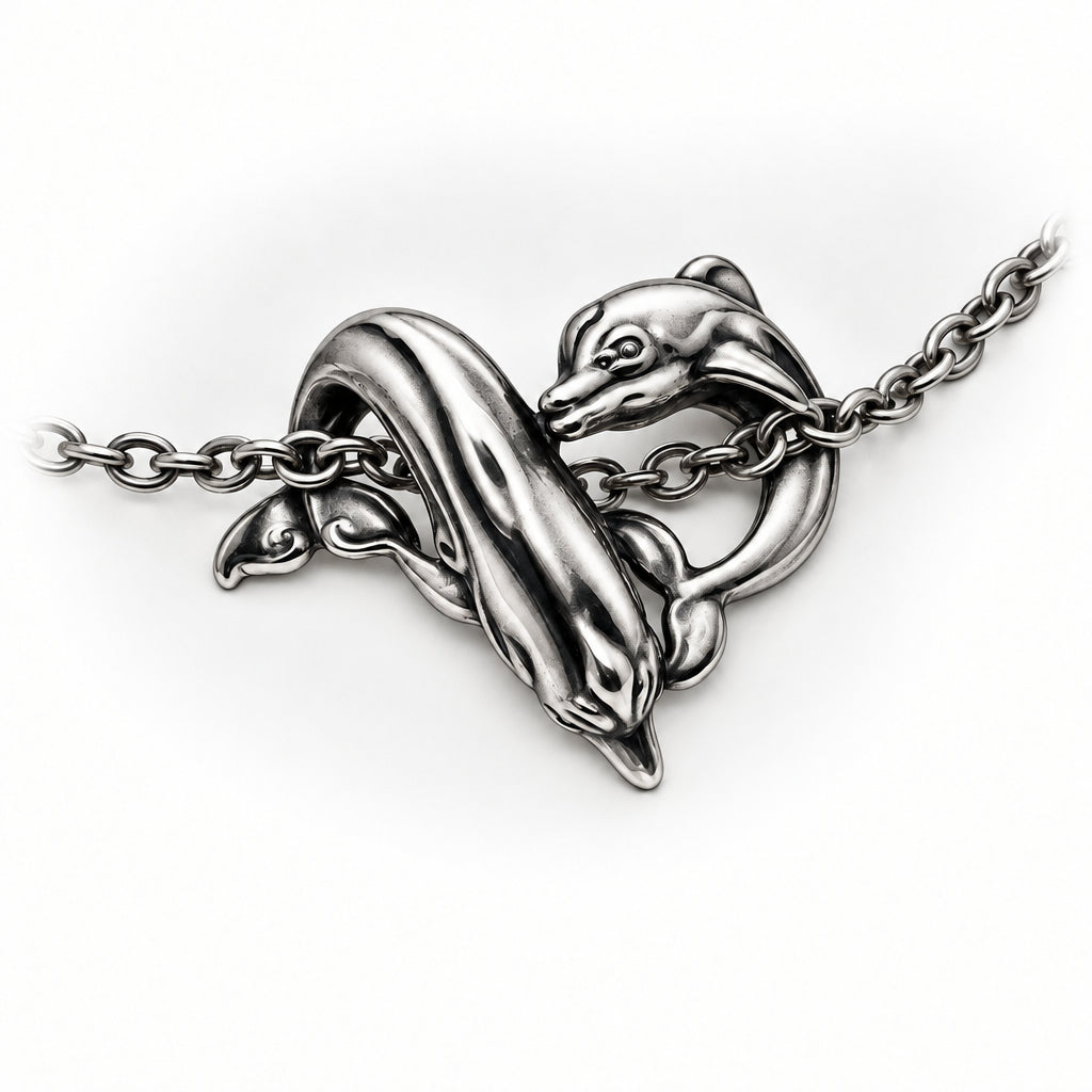 Dolphins Play Heart Shape Sterling Silver Pendant