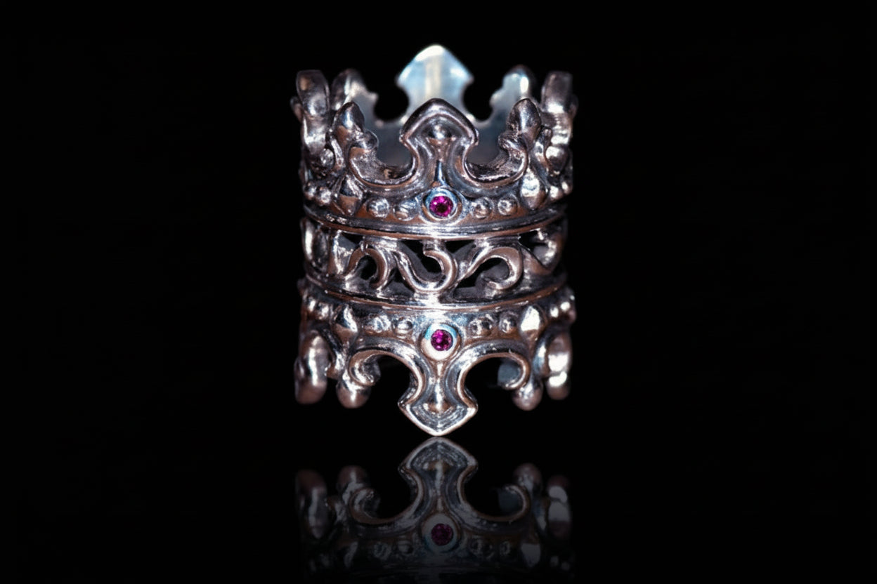 Double Crown Sterling Silver Cigar Ring with Ruby