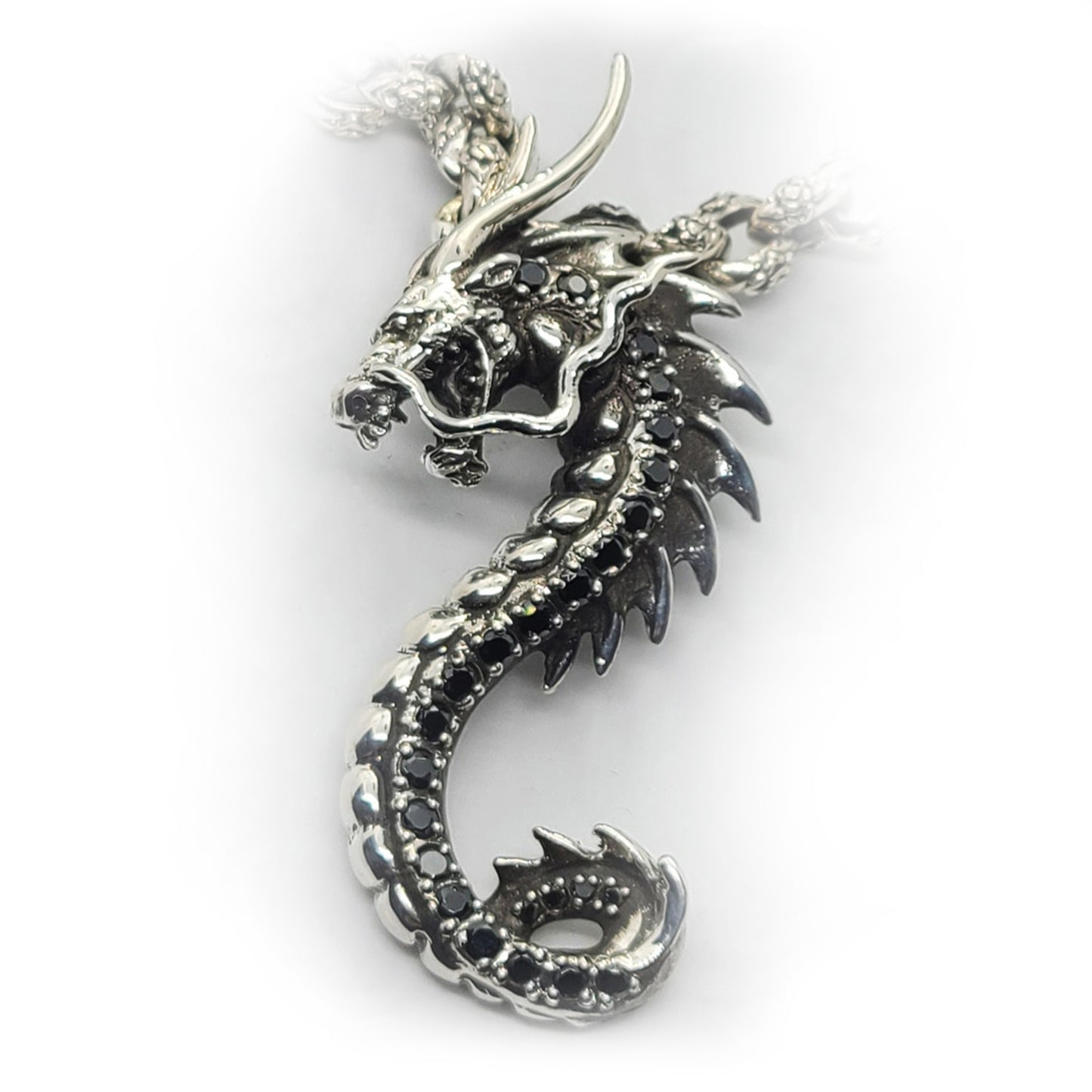 Dragon Seahorse Sterling Silver Pendant with Onyx Stones