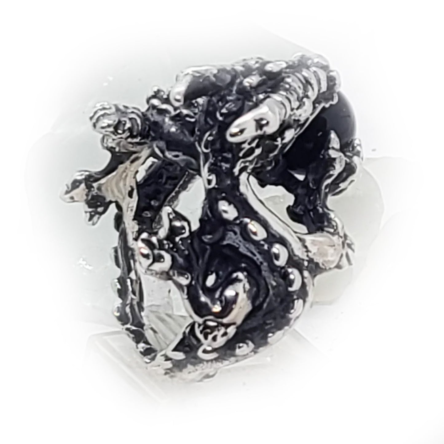 Dragon With Onyx Ball Sterling Silver Ring