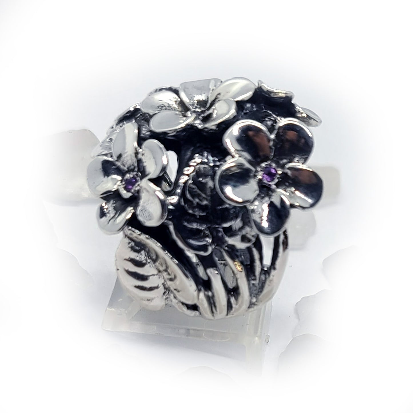 February Birth Flower Violet Silver Ring
