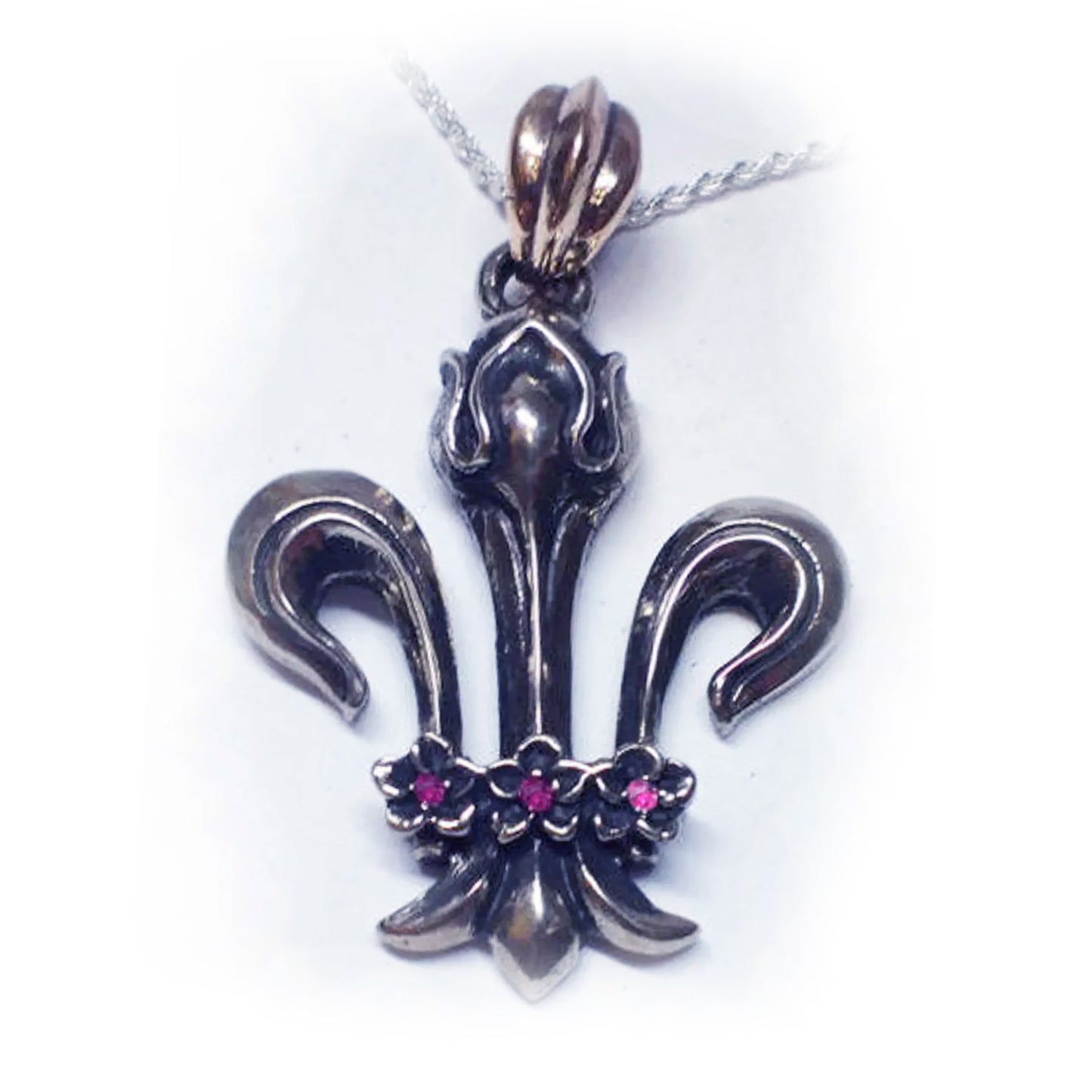 Fleur De Lis Sterling Silver Pendant V7 with Rubies