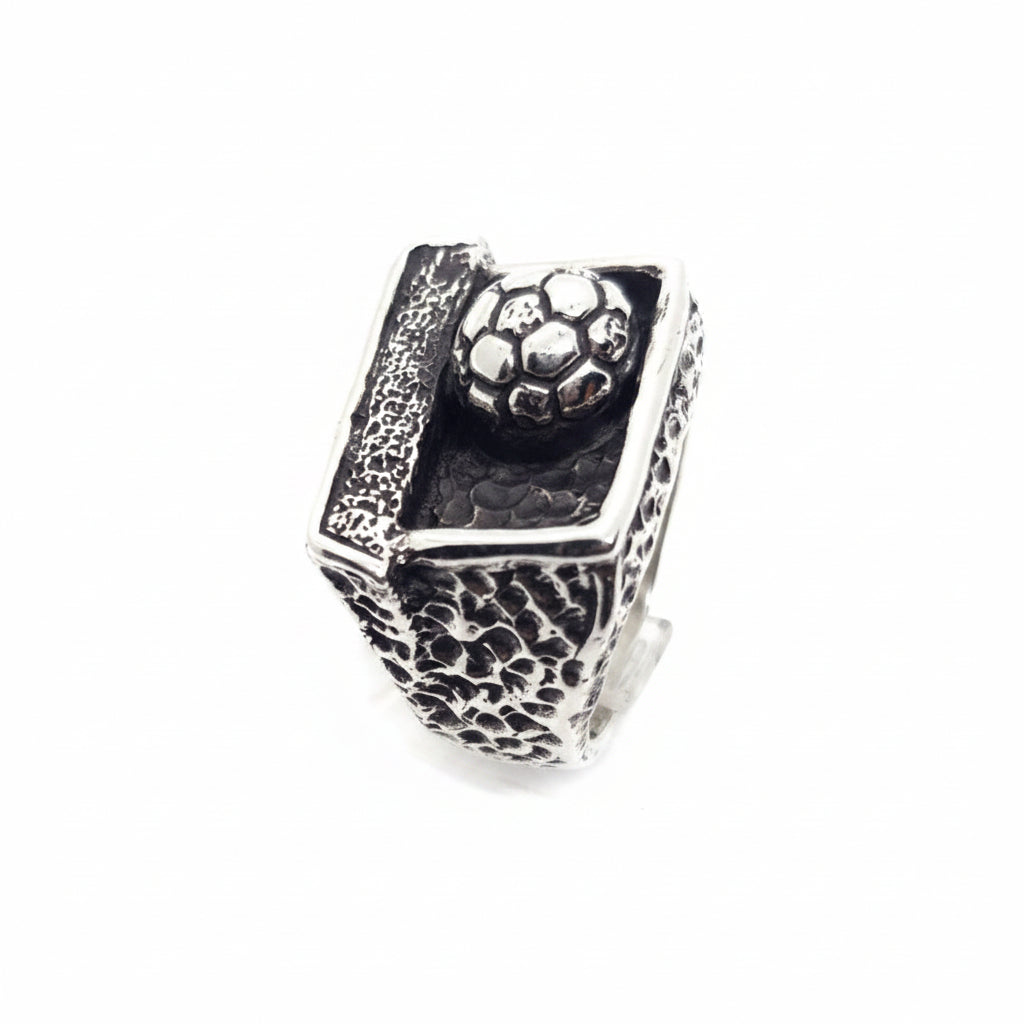 Gooaall Soccer Goal with Ball in Sterling Silver ring