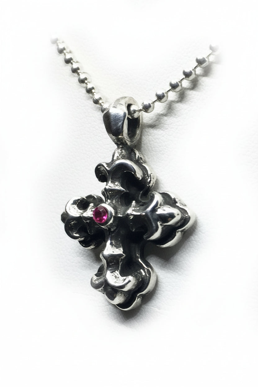 Gothic Cross with Ruby Stone Sterling Silver Pendant