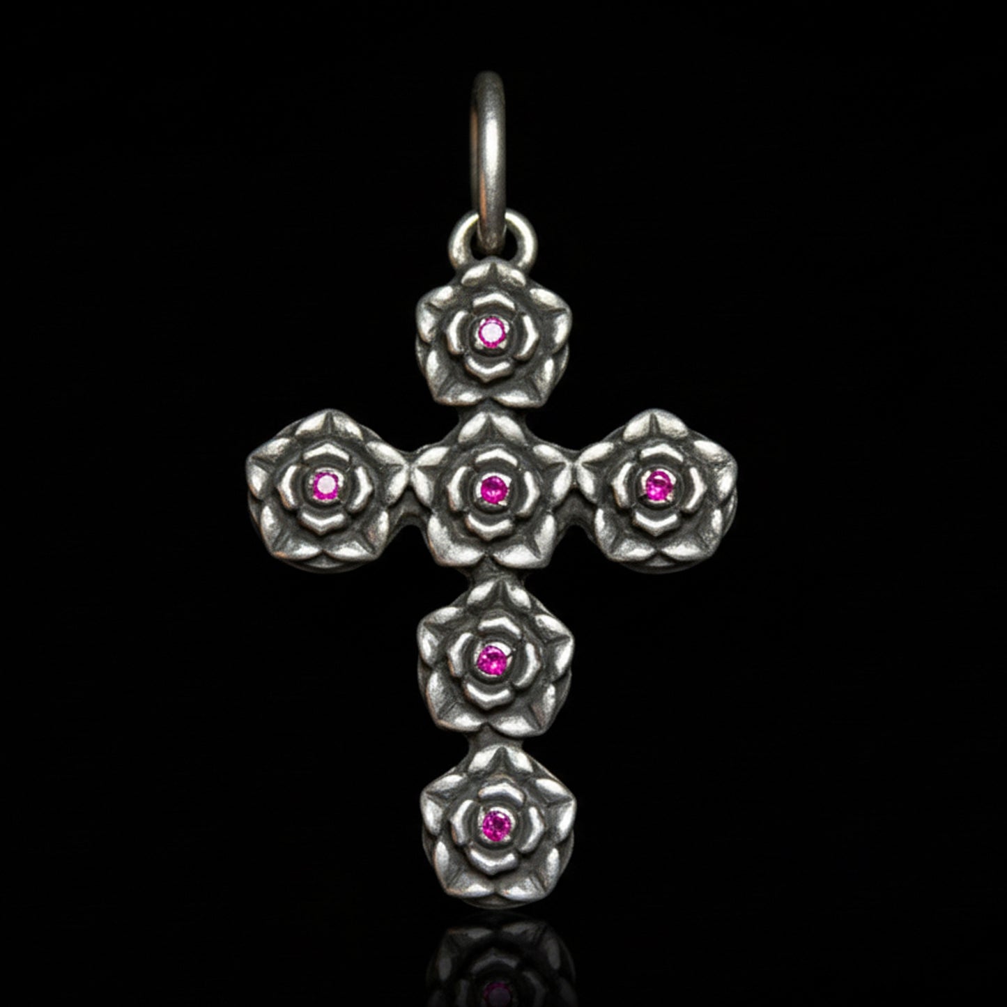 Imperial Small Rose Sterling Silver Cross Pendant with Ruby Stones