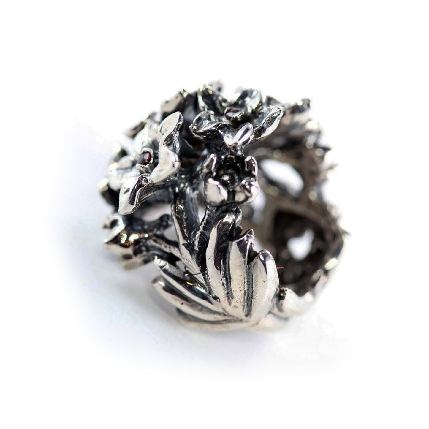 July Birth Flower Larkspur Sterling Silver Ring with Birthstones Rubies