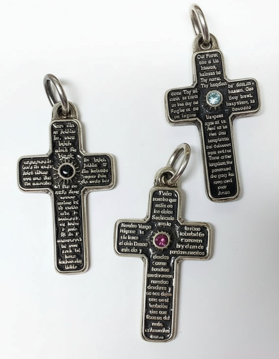 Lord’s Prayer English Sterling Silver Cross Pendant With Birthstone