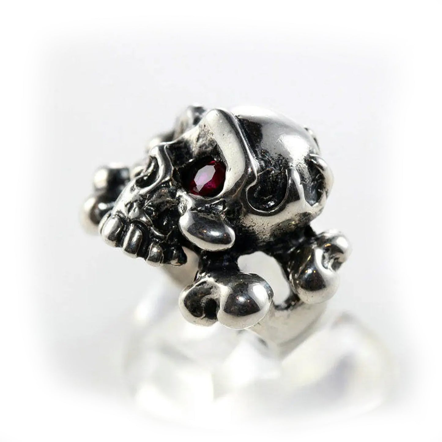 Mad Eye Skull Sterling Silver Ring with Garnet Stone