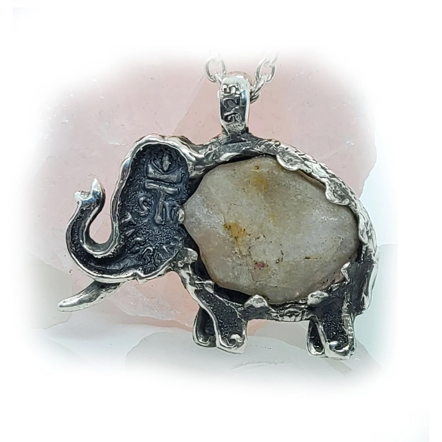 Mammoth with Natural Agate Stone Sterling Silver Necklace