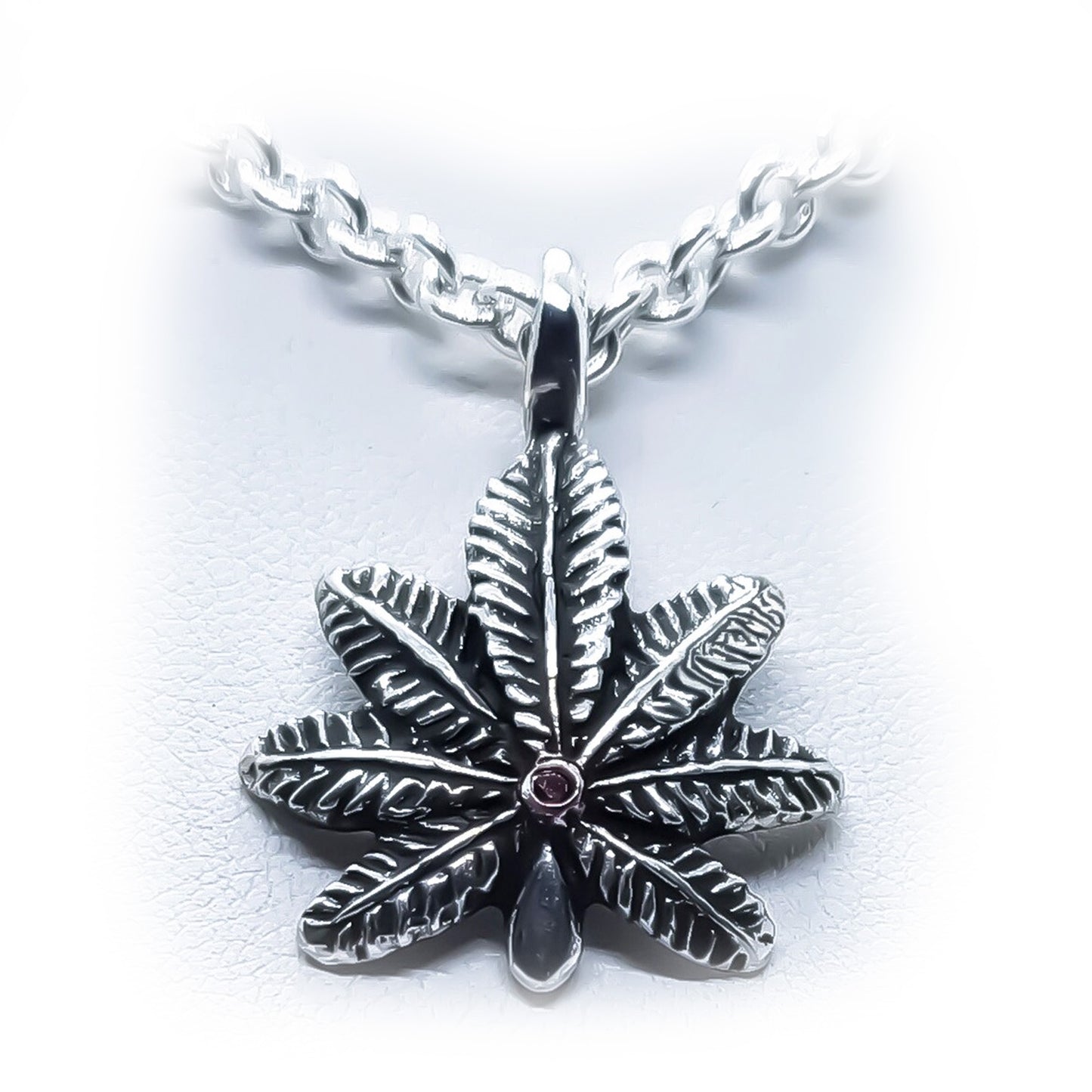 Marijuana leaf with Ruby Stone Sterling Silver Pendant