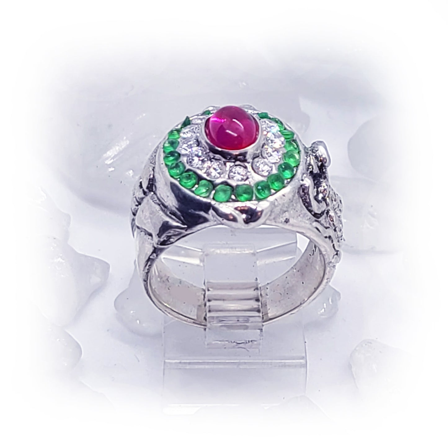 Mexican Oval Silver Ring with Flag Color Stones