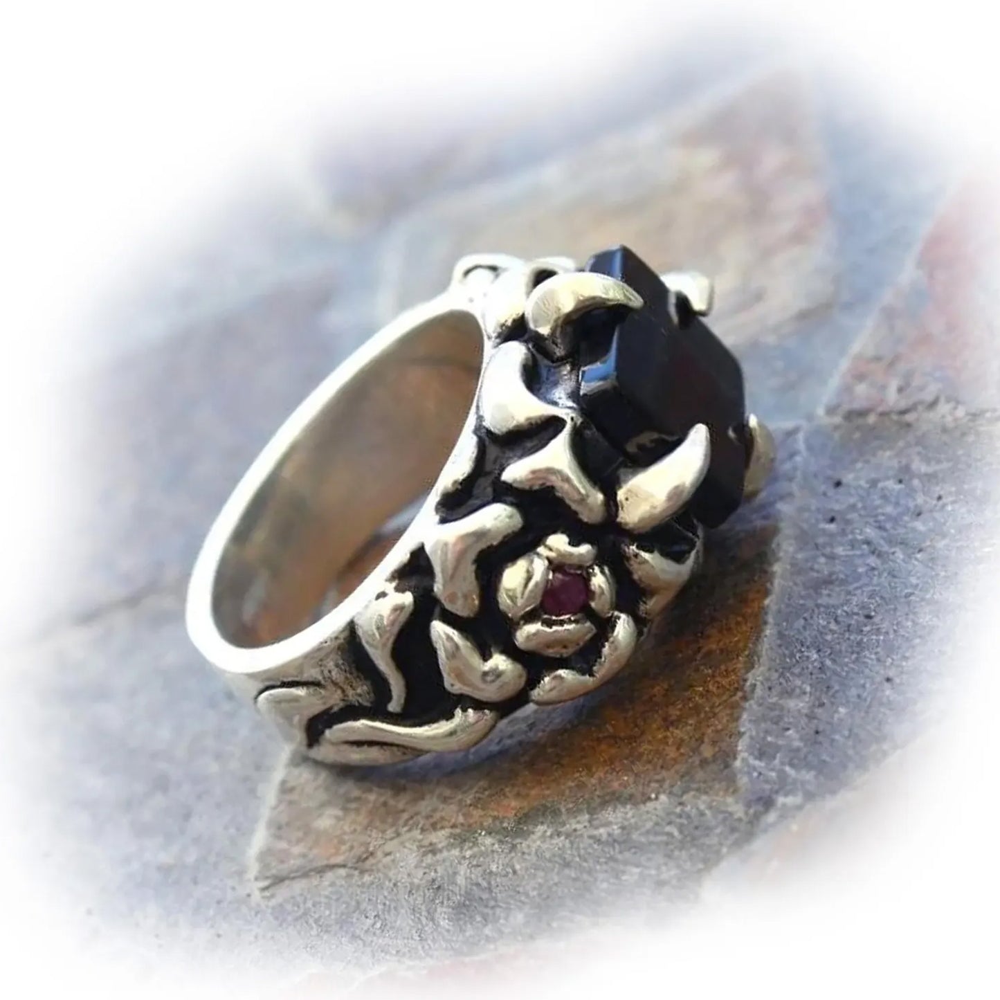 Onyx Square Stone and Ruby Imperial Silver Ring
