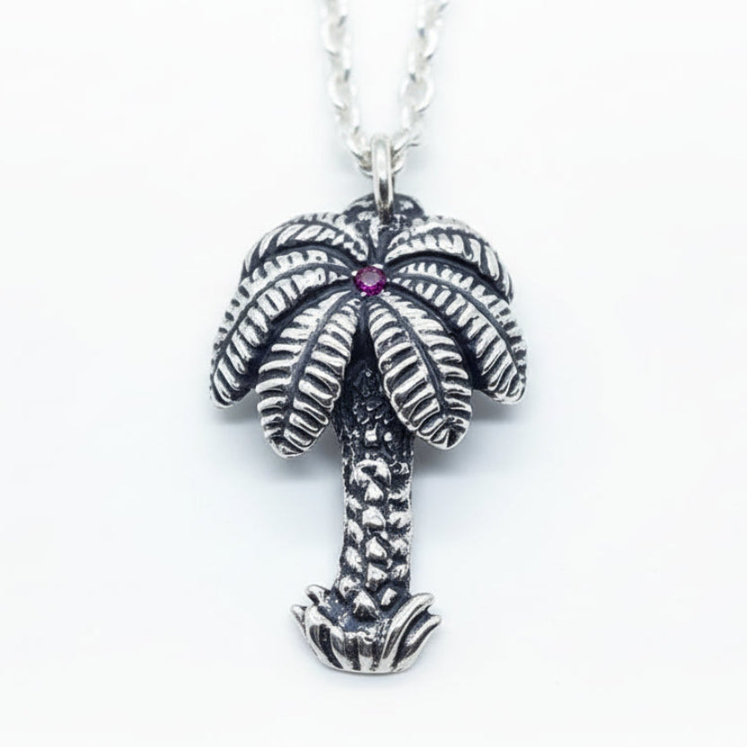 Palm Tree with Ruby Stone Sterling Silver Pendant