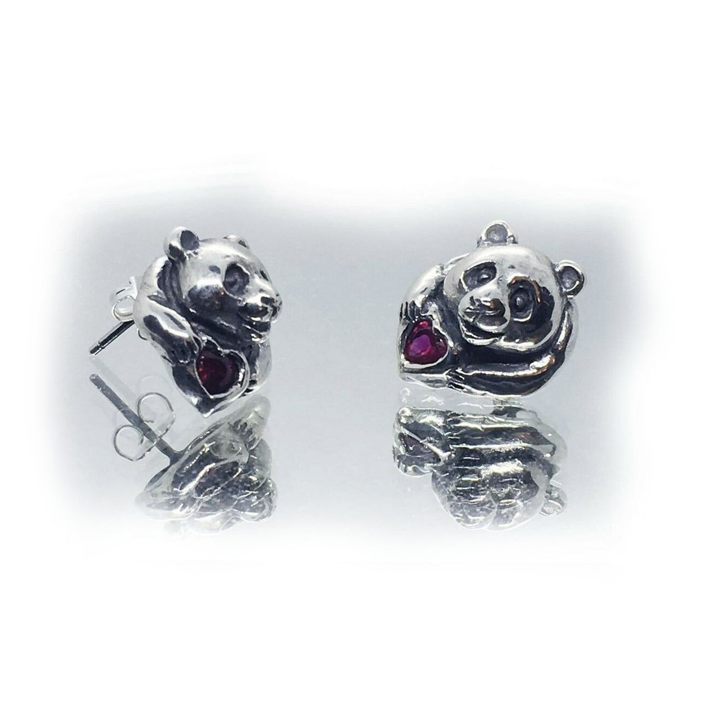 Panda Sterling Silver Earring with Heart Stones