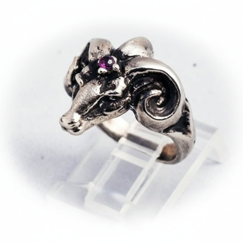 Ram Small Sterling Silver Ring with Ruby