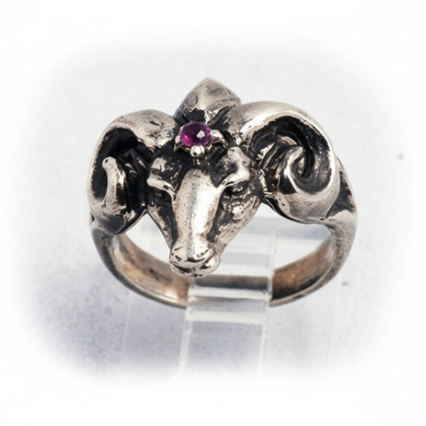 The Ram Small Silver Ring with Ruby
