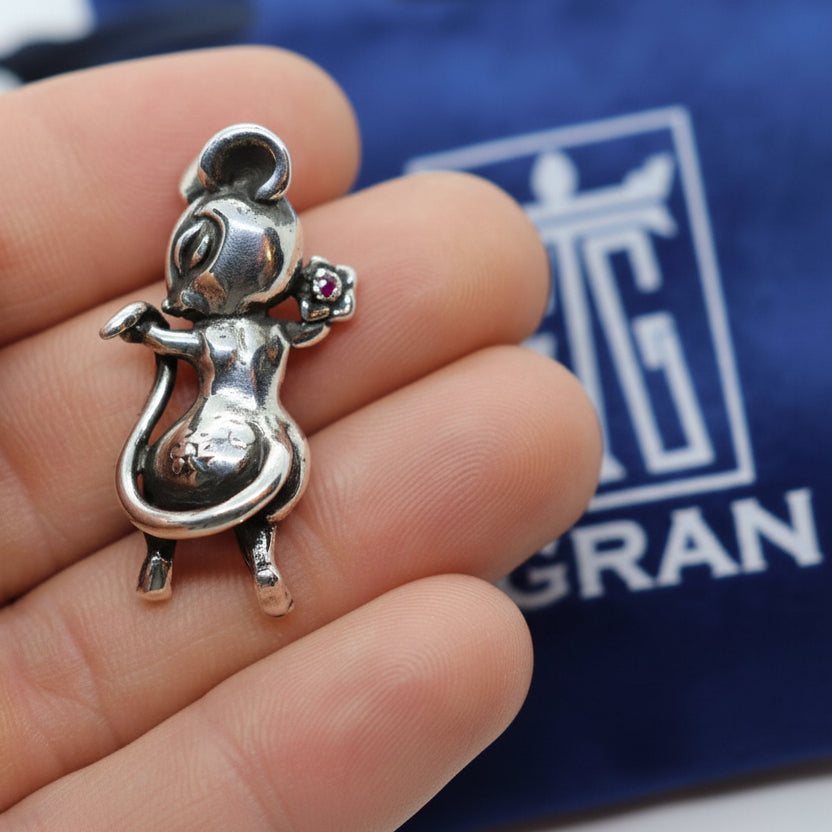 Rat Year Mous Sterling Silver Pendant Ruby Stone