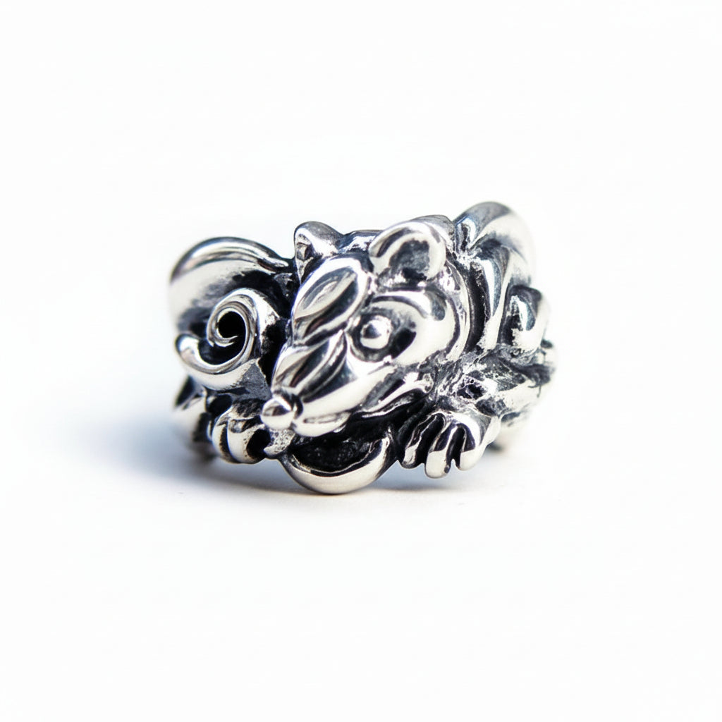 Rat Year Zodiac Sign Sterling Silver Ring V1