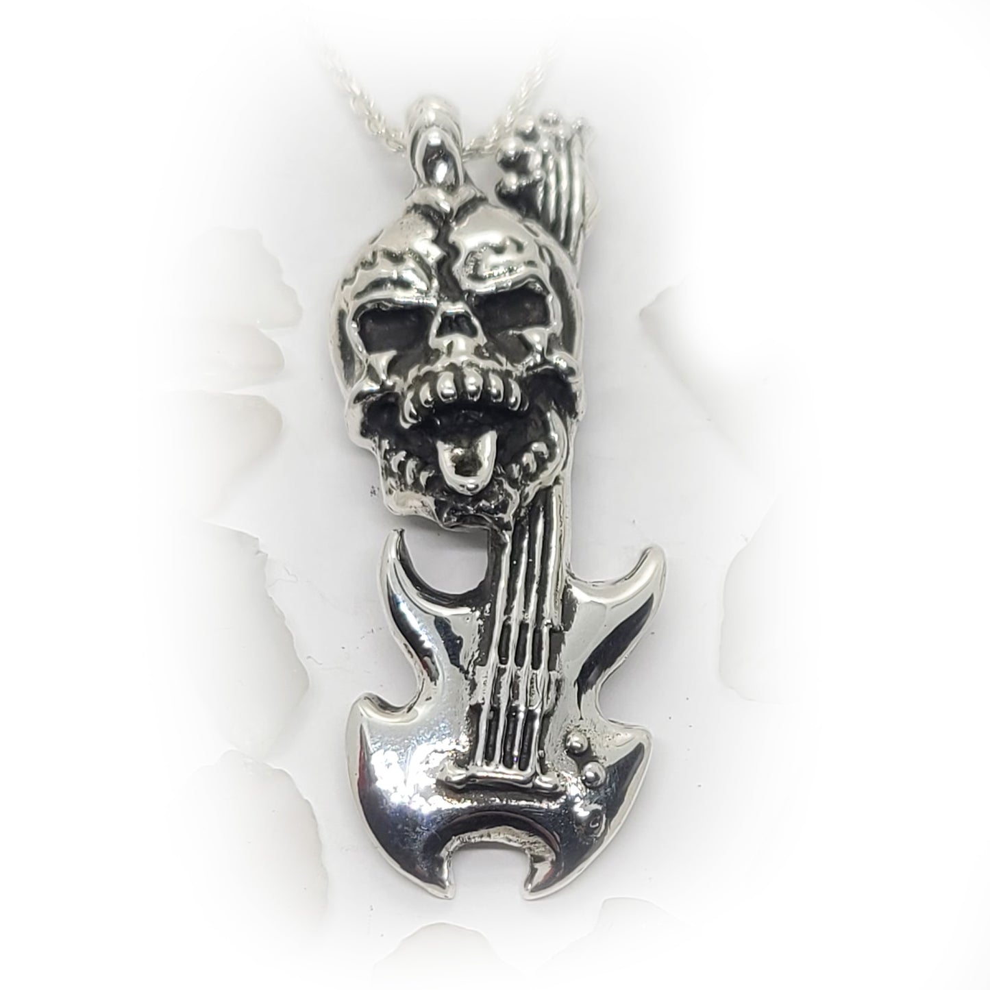 Rock N Roll Skull with Guitar Sterling Silver Pendant