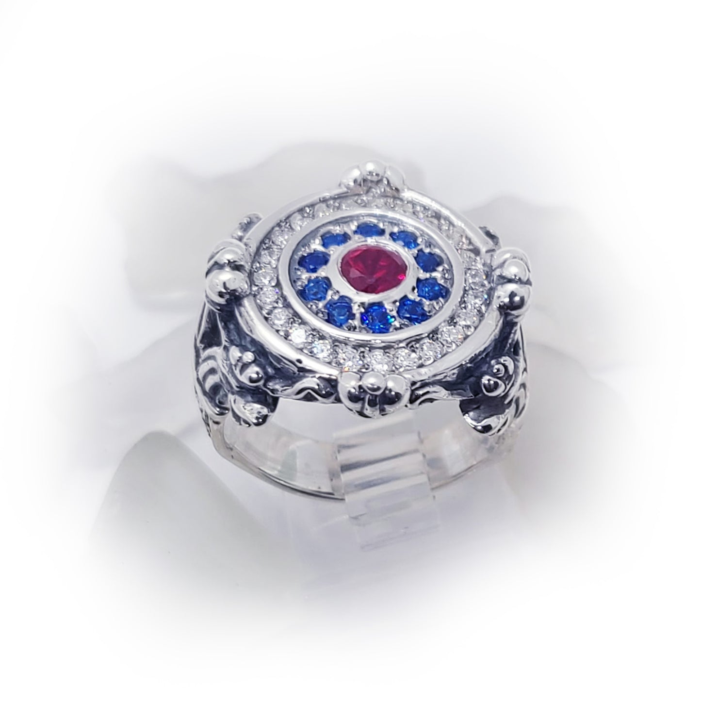 Russian Silver Ring with Flag Color Stones V2