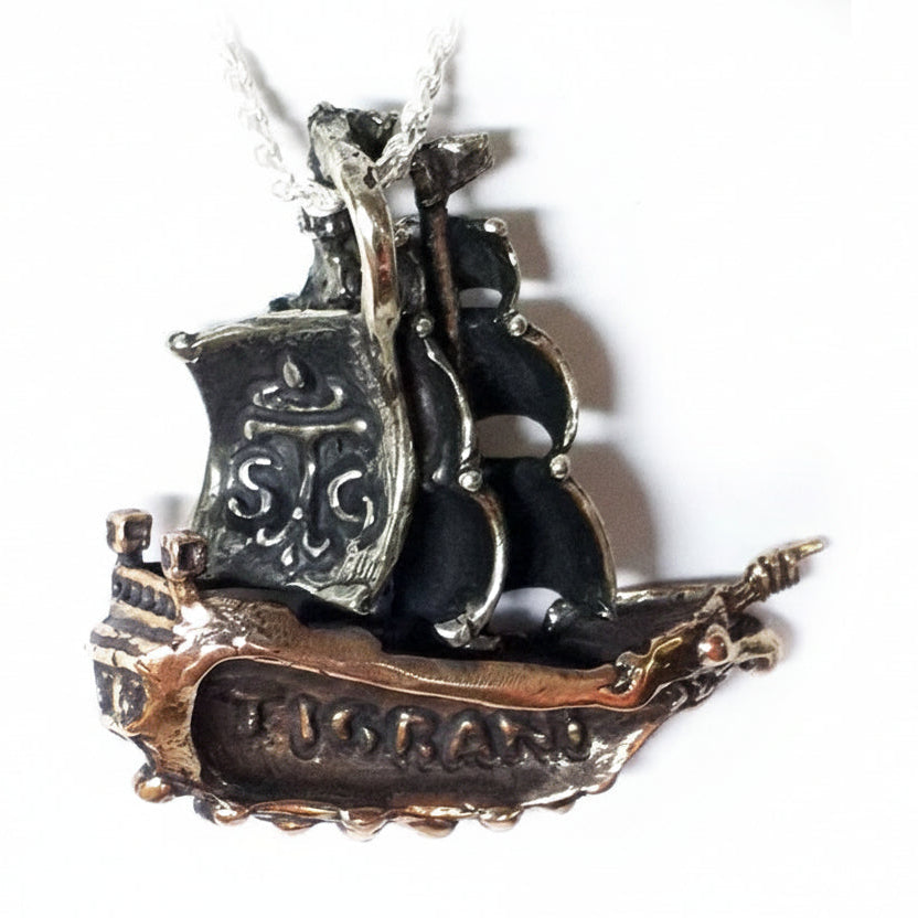 Ship of 18th Century Sterling Silver and Bronze Pendant