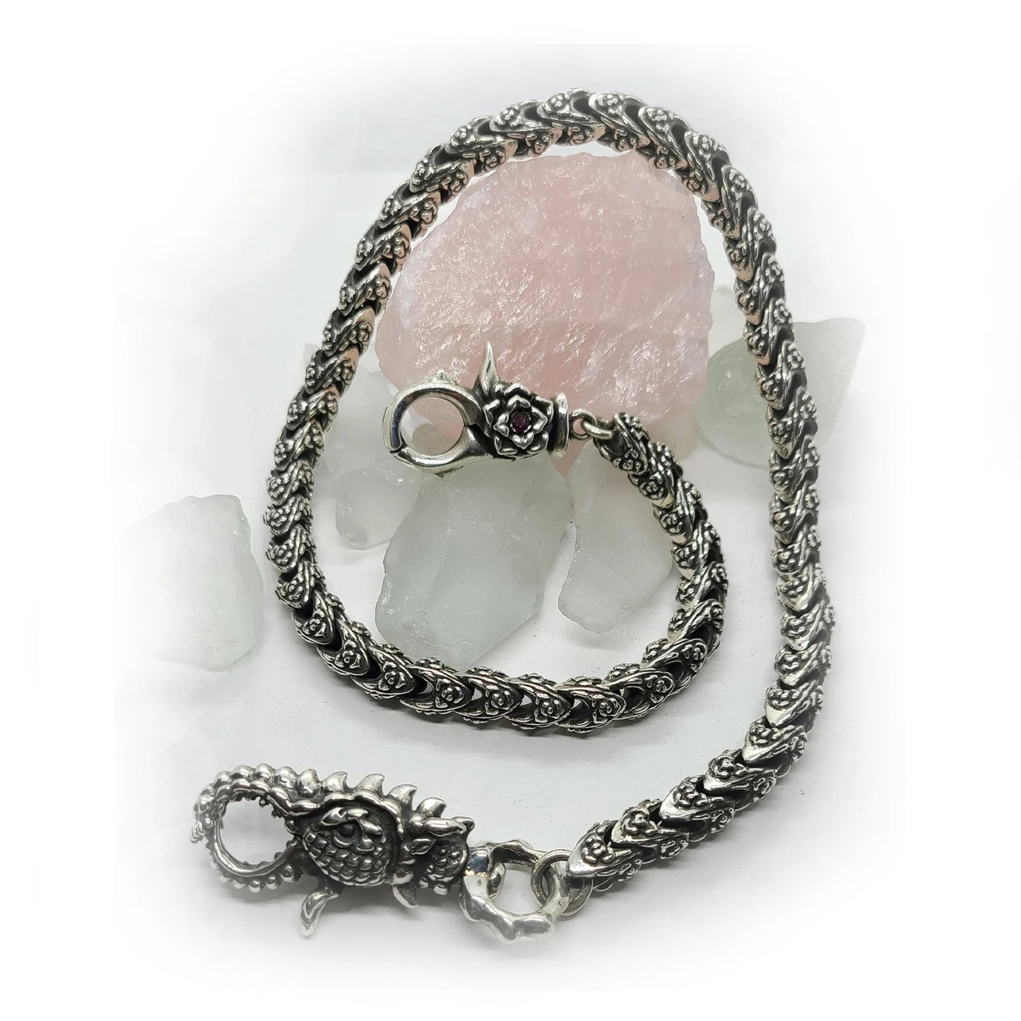 Silver Rose Dragon Wallet Chain with Rubies