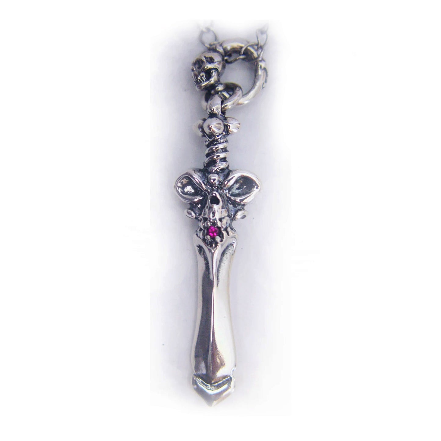 Skull Face Dagger Silver Pendant with Ruby