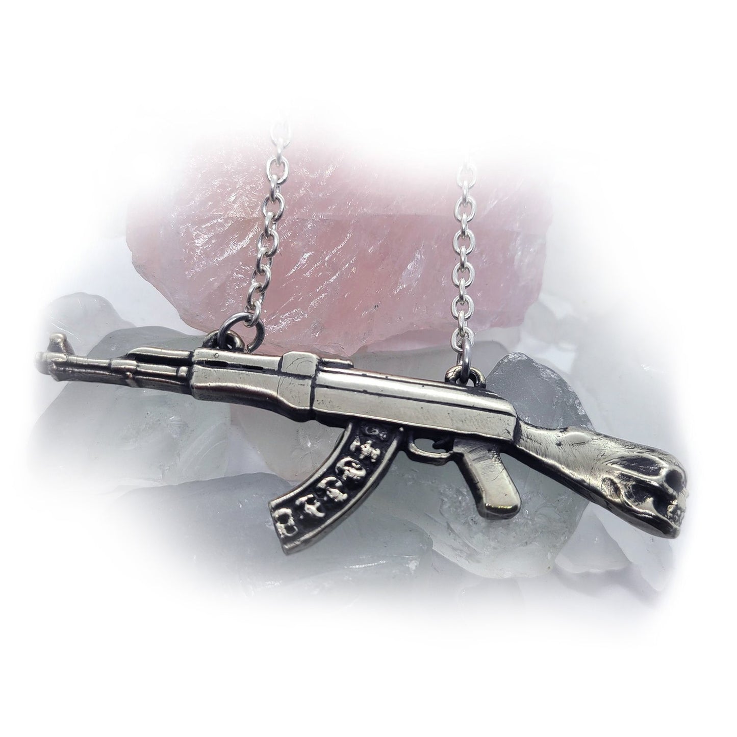 Skull Head Machine Gun with Skull Bullets Sterling Silver Necklace