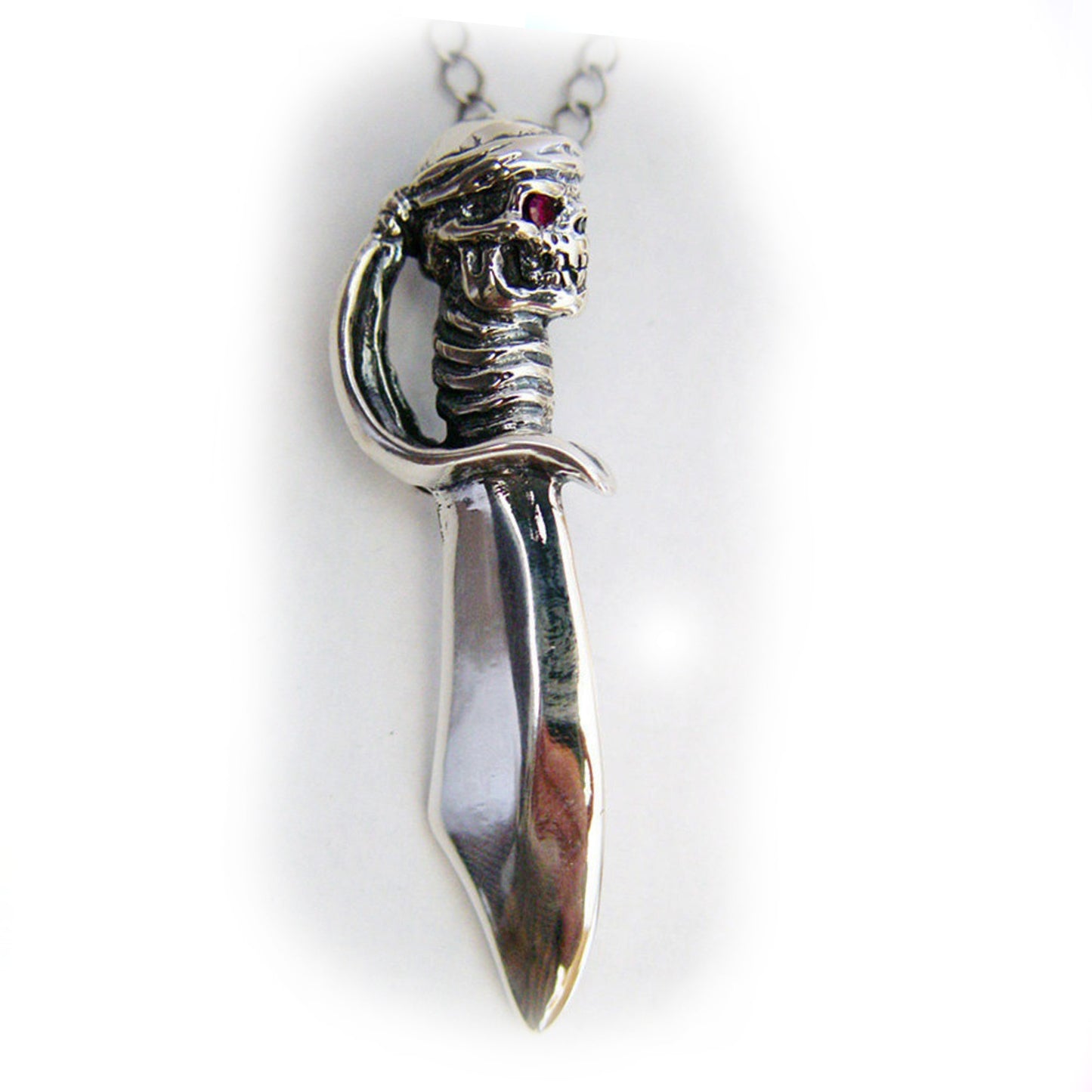 Skull Head Sword Silver Pendant with Ruby Stone Eyes