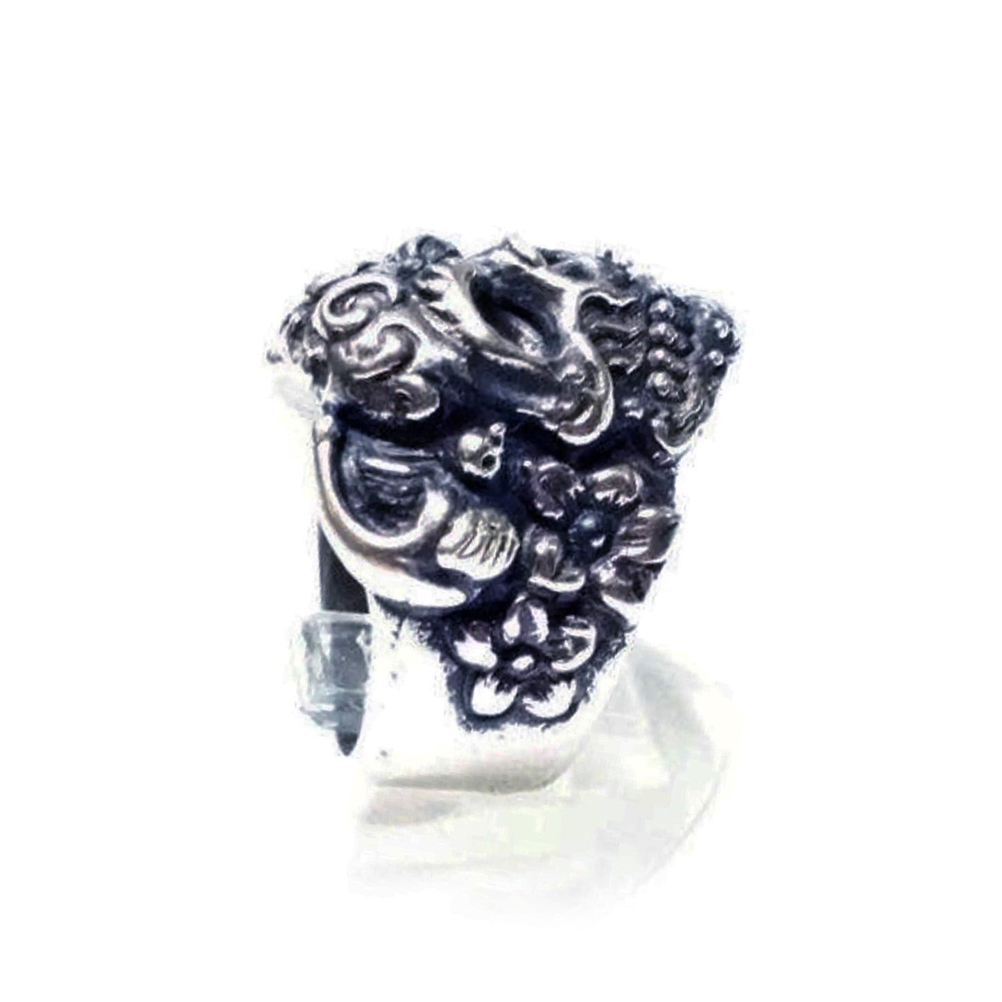 Skull With Birds and Flowers Sterling Silver Ring