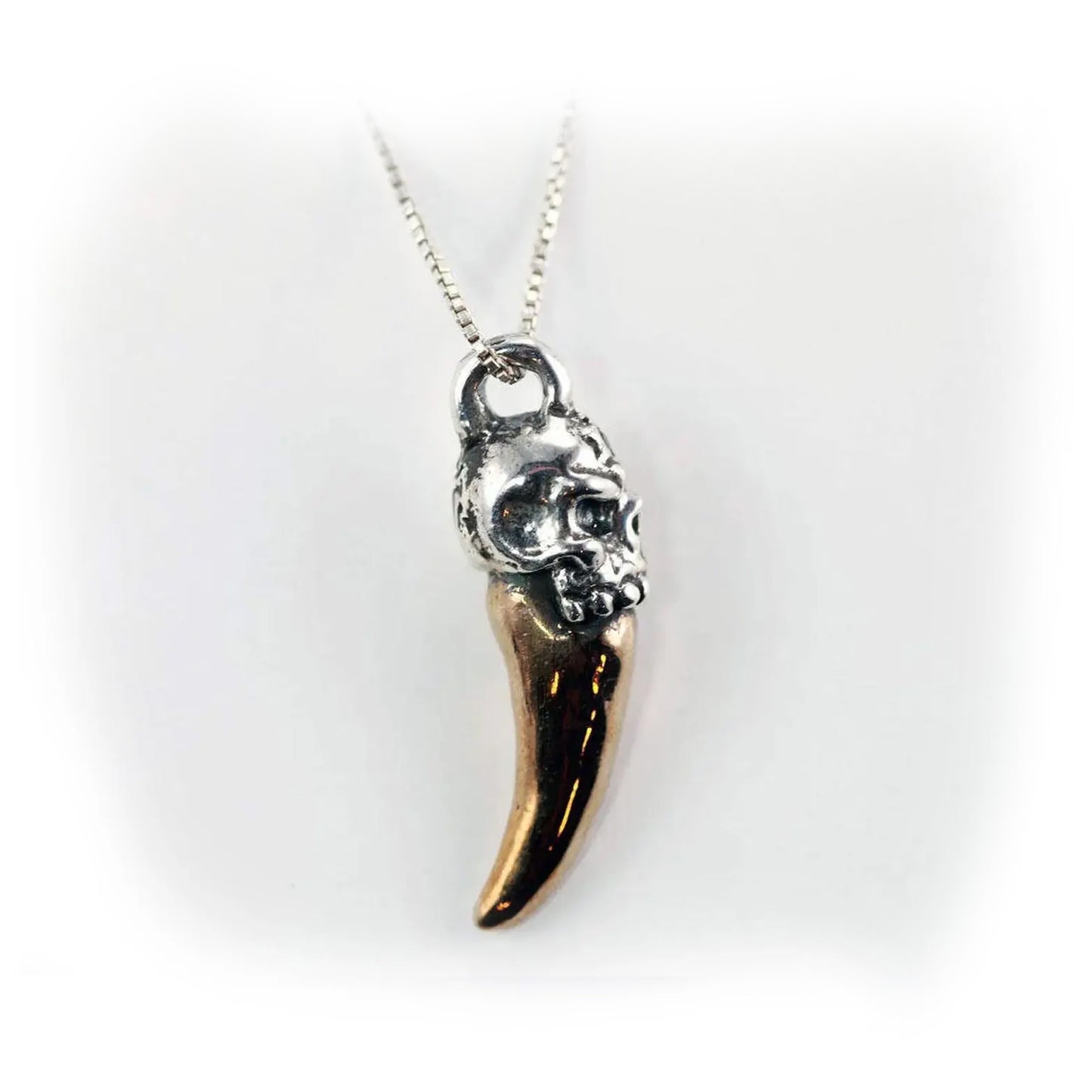 Sterling Silver and Bronze Skull With Fang Pendant