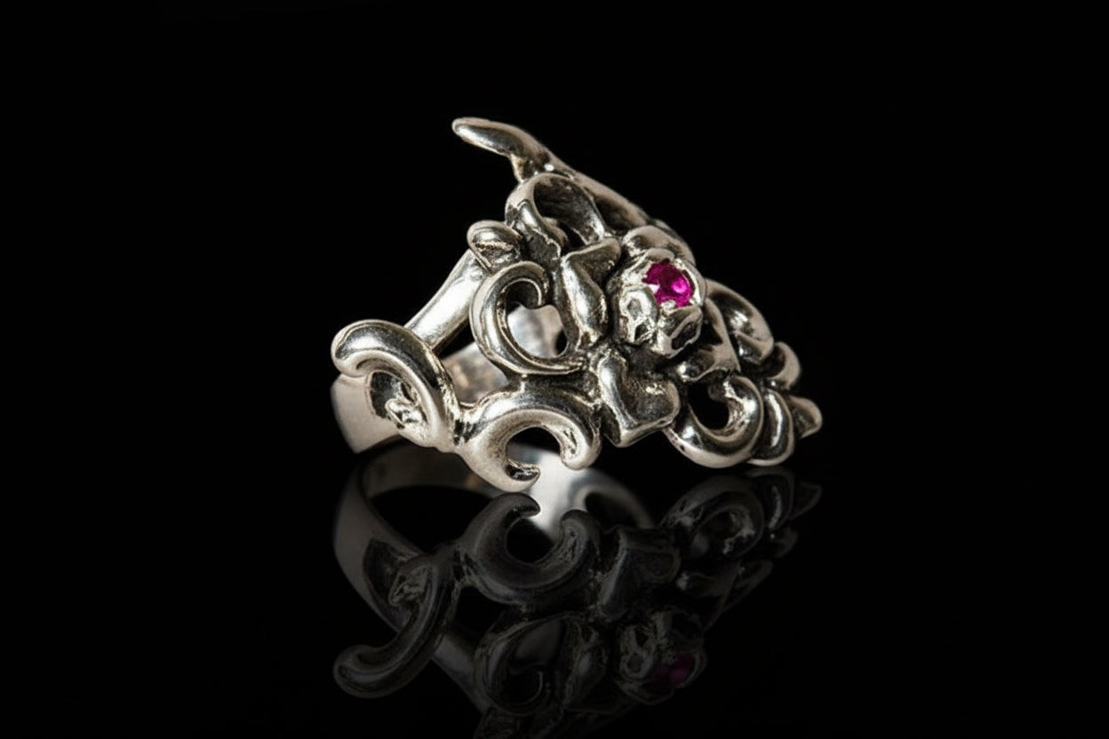 Small Rose Sterling Silver Finger-Tip IRC Ring with Ruby