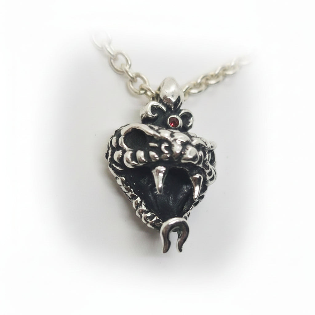 Snake Fangy Angry Head Sterling Silver Pendant with Ruby