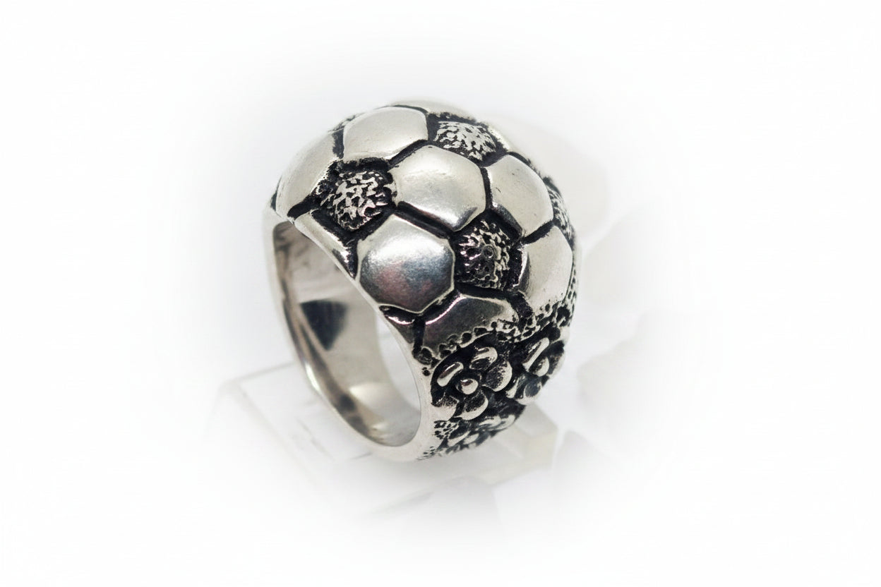 Football Soccer Ball with Flower Blossom Sterling Silver Ring