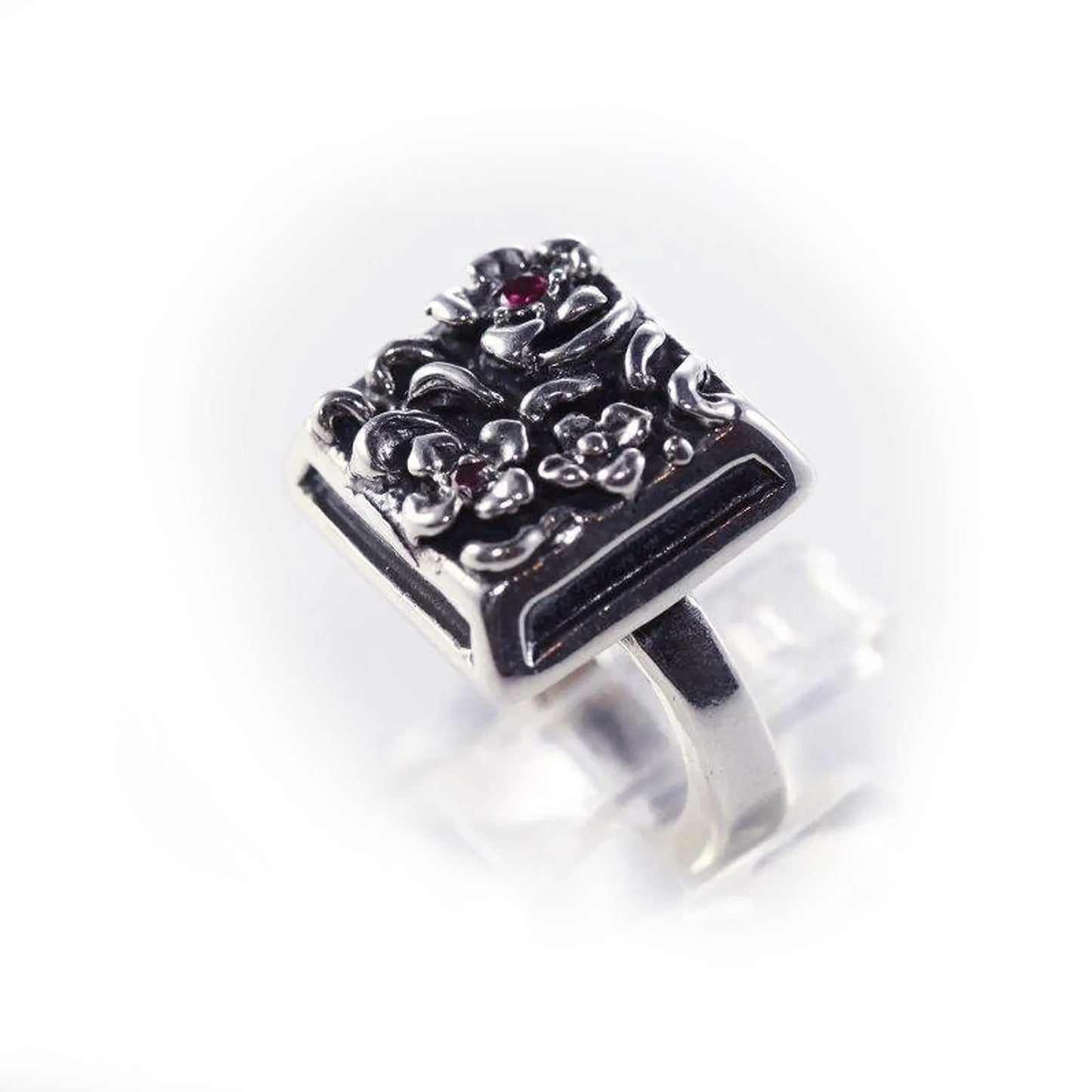 Flowers in Square Sterling Silver Ring with Ruby
