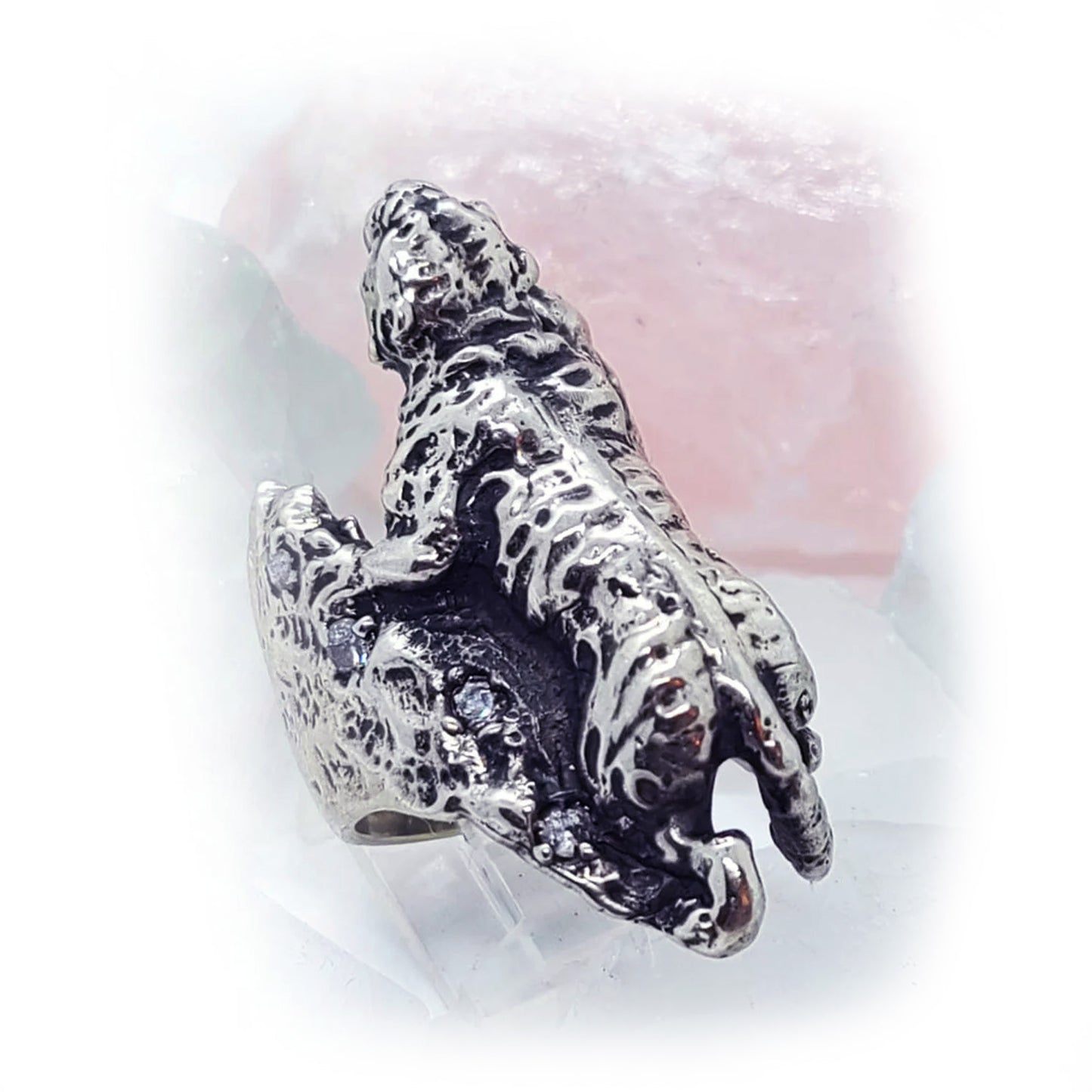 Tiger with White CZ Stones Sterling Silver Ring