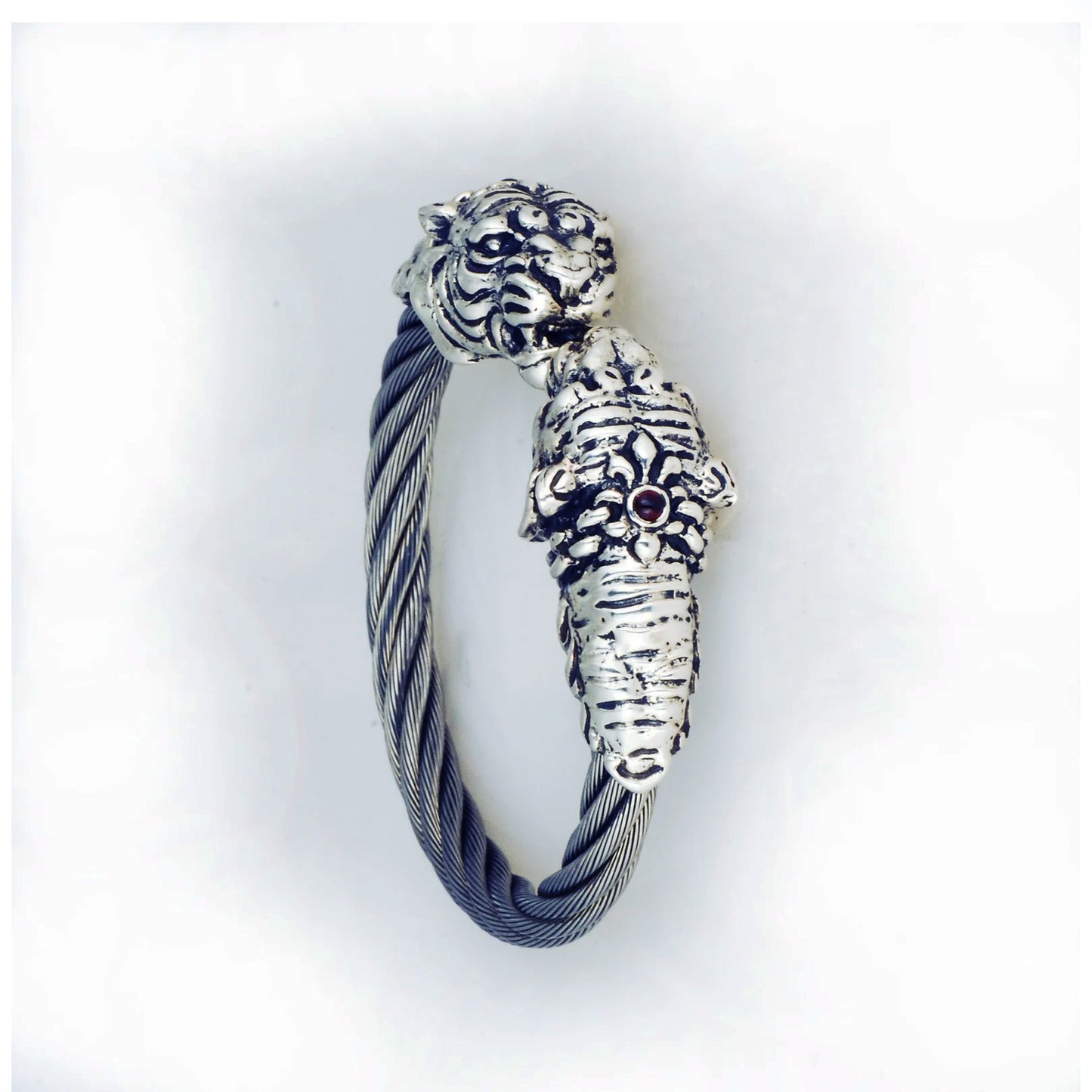 Tigers Double Tiger Head Sterling Silver with Stainless steel twisted wire Bracelet